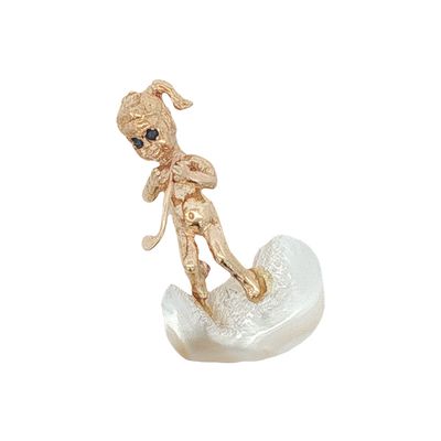 14K Gold Sapphire and Baroque Pearl Cherub Brooch