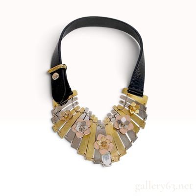Fendi Floral Motif Leather and Plated Metal Statement Bib Collar Necklace