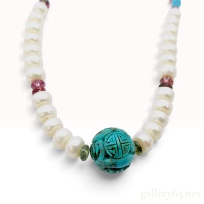 Silver and 8.0mm-8.2mm Cultured Pearl Turquoise and Tourmaline Necklace