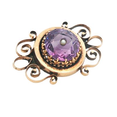 Antique 14K Gold Amethyst and Pearl Brooch