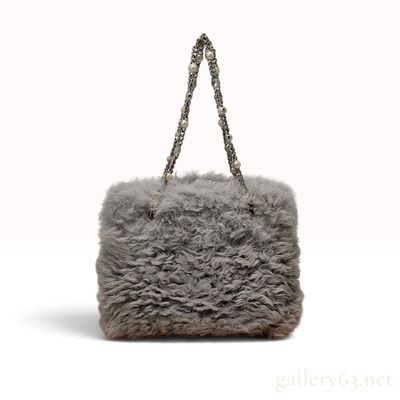 Miu Miu Grey Shearling Crystal and Pearl Chain Tote Bag