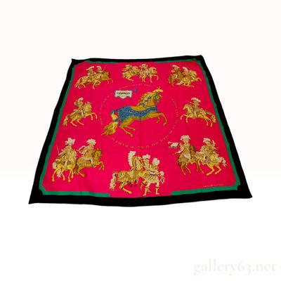 Vintage Hermes Carrousel Pink and Black Silk Carre 90