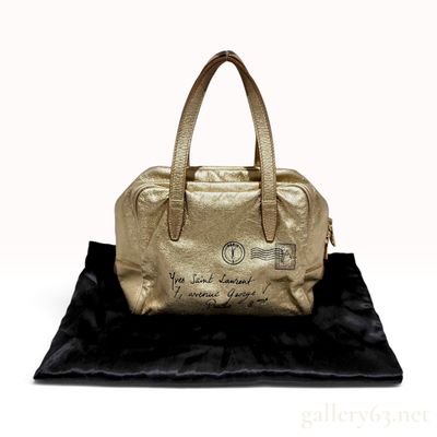 Yves Saint Laurent Y-Mail Gold Metallic Leather Bowling Bag with Dust Bag