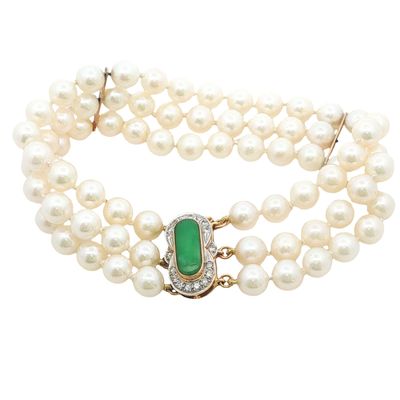 14K Gold Pearl and Jade Three Strand Bracelet