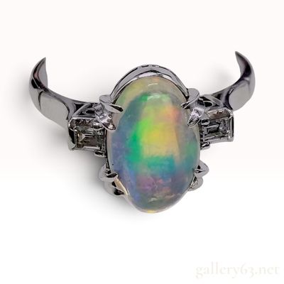 Platinum Cabochon Opal and Baguette Natural Diamond Cocktail Ring