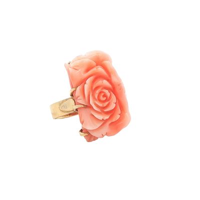 14K Gold Carved Pink Coral Rose Cocktail Ring