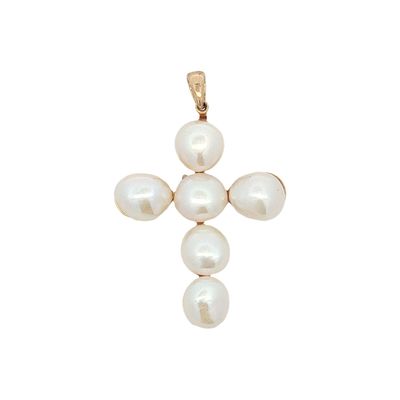 14K Gold Baroque Pearl Cross Pendant