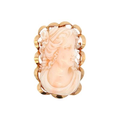 14K Gold Angel Skin Coral Cameo Carving Brooch/Pendant
