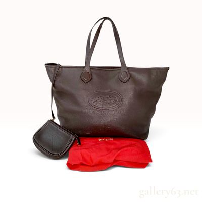 Bally Dark Brown Pebled Leather Tote Bag with Pouch and Dust Bag