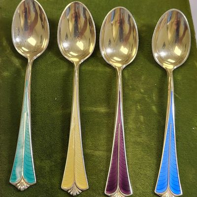 guilloche enamel sterling & gold wash spoons by David Anderson