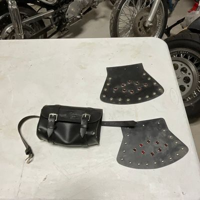 Three Harley-Davidson Black Motorcycle Accessories comprising a Tool Bag and a Pair of Mud Flaps