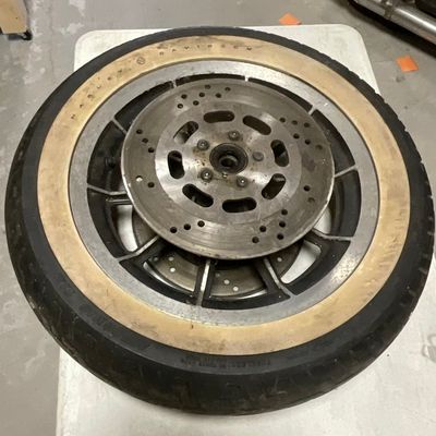 Harley-Davidson 9-Spoke Dual Disc Cast Aluminum Front Motorcycle Wheel Assembly with Dunlop D402F Whitewall Tire
