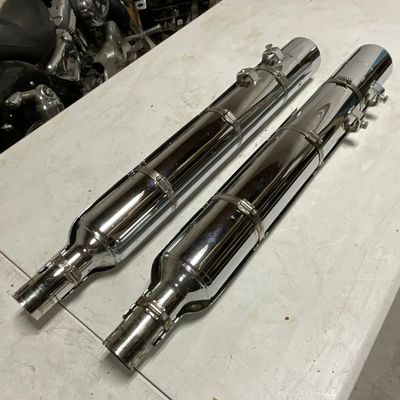 A Pair of Chrome Plated Motorcycle Slip On Mufflers with Heat Shields