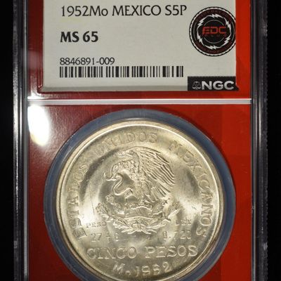 1952 5 PESOS MEXICO 72% SILVER NGC ME65