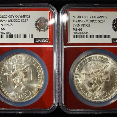 (2) 1968 25 PESOS MEXICO 72% SILVER NGC MS66