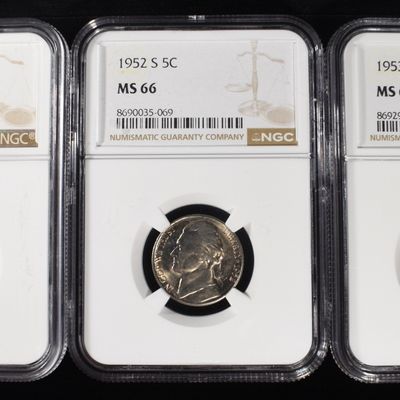 1943-P, 1952-S & 1953-S JEFFERSON 5C NGC MS65-66