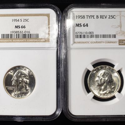 1954-S & 1958 TYPE B REV WASHINGTON 25C NGC 64-66