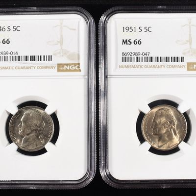 1946-S & 1951-S JEFFERSON NICKELS NGC MS66