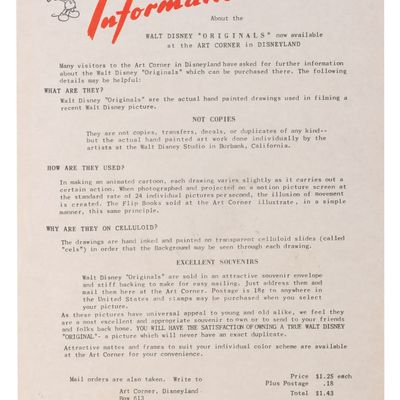 A Disneyland Art Corner Originals Information Flyer.