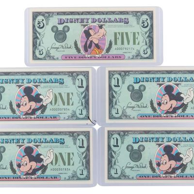 The Second Disneyland 1987 Series AA $1 and $5 Bills.