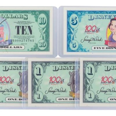 The Disneyland 2002 AA Series $1, $5, and $10 Bills.