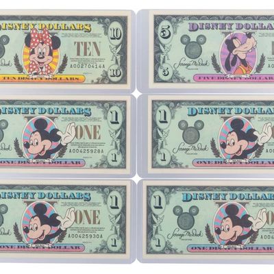 The Disneyland 1995 AA Series $1, $5, and $10 Bills.
