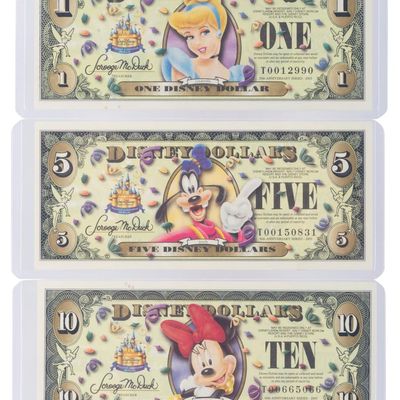 The Disney Store 2005 T First Series $1, $5, and $10 Bills with Barcode.