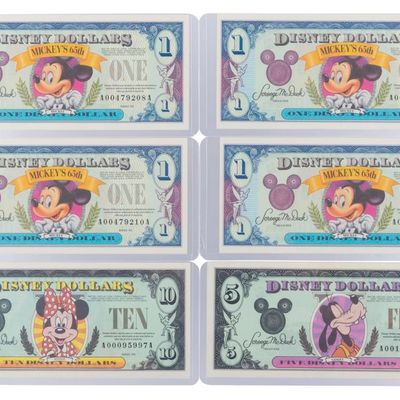 The Disneyland 1993 AA Series $1, $5, and $10 Bills.