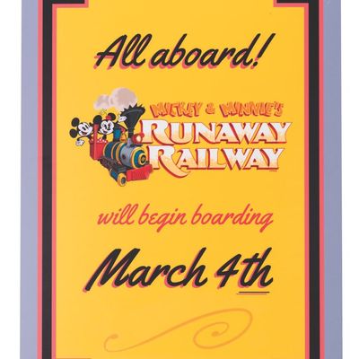 A Mickey & Minnie's Runaway Railway Coming Soon Sign.