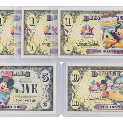 The 2009 Disney Dollars Celebrate Today Series $1, $5, and $10 Bills.