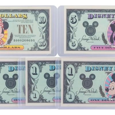 The Disneyland 1991 AA Series $1, $5, and $10 Bills.