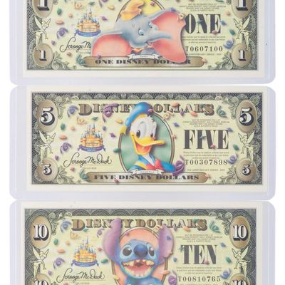 The Disney Store 2005 T Second Series $1, $5, and $10 Bills.