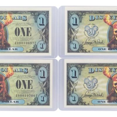 The 2007 Disney Dollars 20th Anniversary Flying Dutchman Series $1 Bills.
