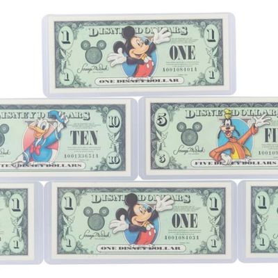 The Disneyland 2003 AA Series $1, $5, and $10 Bills.