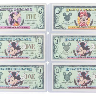 The Disneyland 1999 AA Series $1, $5, and $10 Bills.