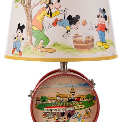 A Disneyland Tin Litho Drum Lamp with Mickey and Friends Lampshade.