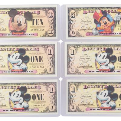 The 2008 Disney Dollars Mickey's 80th Anniversary Series $1, $5, and $10 Bills.