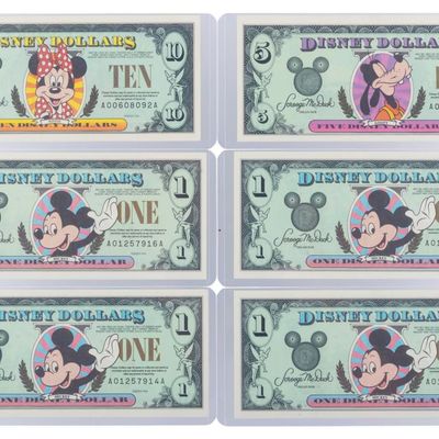 The Disneyland 1996 AA Series $1, $5, and $10 Bills.