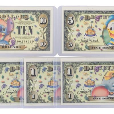 The Disneyland 2005 A First Series $1, $5, and $10 Bills with Barcode.