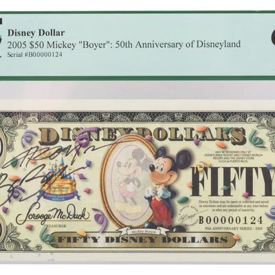 The 2005 Disneyland 50th Anniversary Boyer $50 Disney Dollar Signed By Charles and Bruce Boyer.