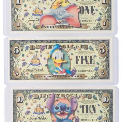 The Disney Store 2005 T First Series $1, $5, and $10 Bills.