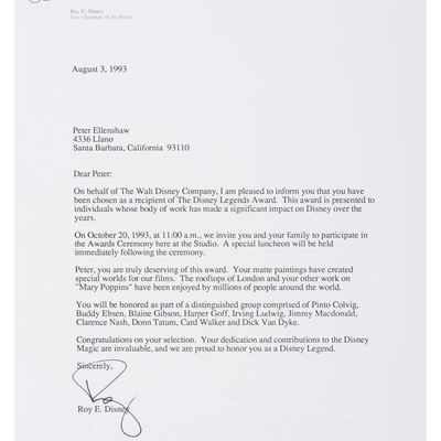 Peter Ellenshaw's Disney Legends Letter Signed by Roy E. Disney.