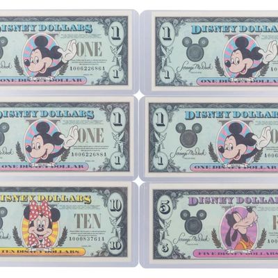 The Disneyland 1994 AA Series $1, $5, and $10 Bills.