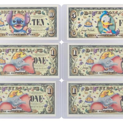 The Disneyland 2005 A First Series $1, $5, and $10 Bills.