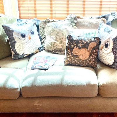 Sage green upholstered three-cushion sofa, styled with an assortment of decorative throw pillows featuring owl and squirrel motifs.