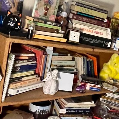 Low wooden bookshelf filled with books, a yellow plush toy, a ceramic angel figurine, and various decorative knick-knacks.