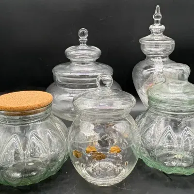 5 glass Jars Various Sizes 