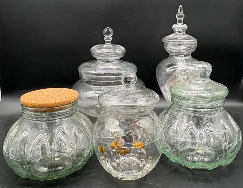 5 glass Jars Various Sizes 