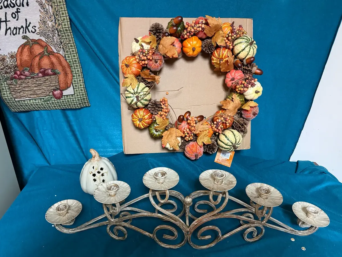 Fall Wreath, Candle Holder And Tapers