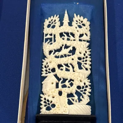 VTG Chinese Carved Ivory Panel on Stand - Hang On Ivory Factory, Village, Landscape, In Box